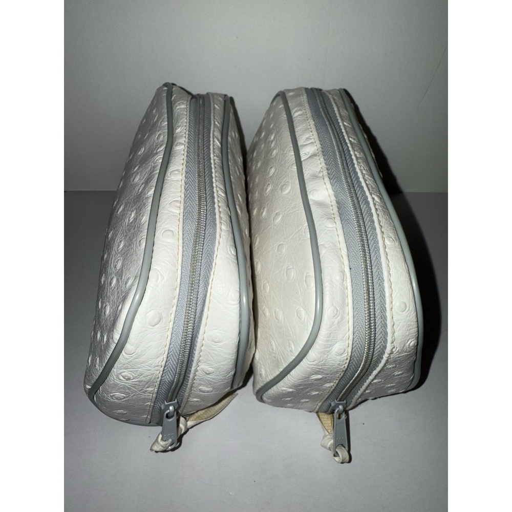 Oscar de la Renta White Ostrich Leather Makeup Pouch Make Up Travel Cosmetic Bag
